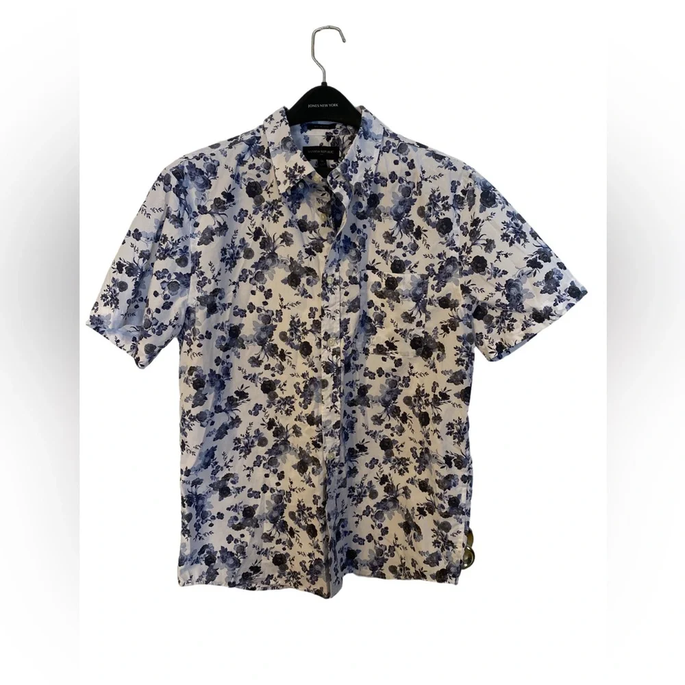 Banana Republic Shirt Mens M Medium Slim Fit Floral Blue White Short Sleeve Repr